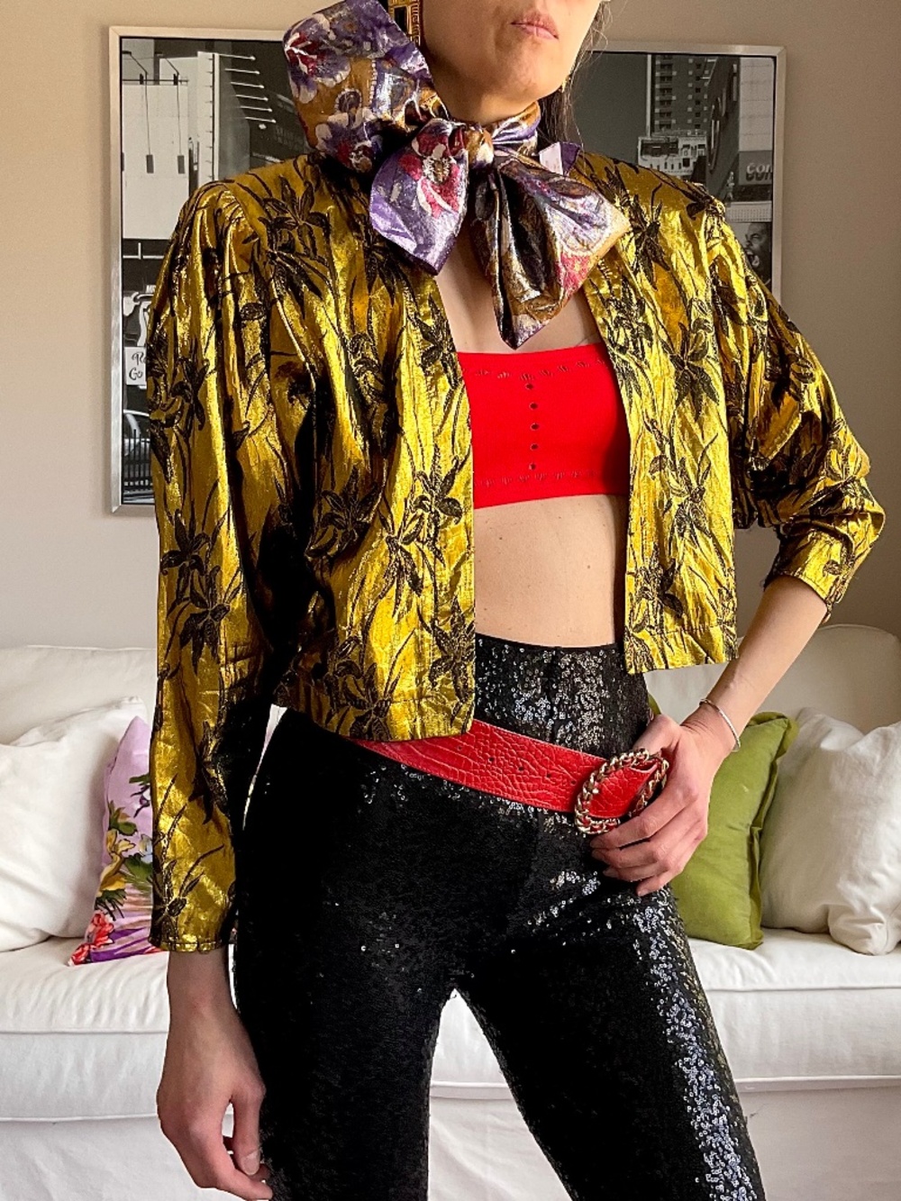 Vintage lame gold metallic thread floral cropped jacket